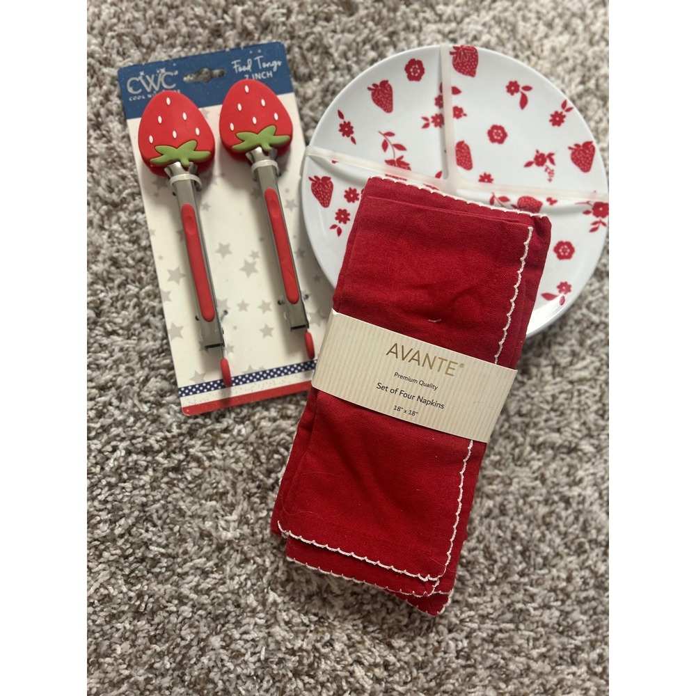 Strawberry Picnic Set Melamine Plates Red Napkins & CWC Strawberry Tongs Bundle